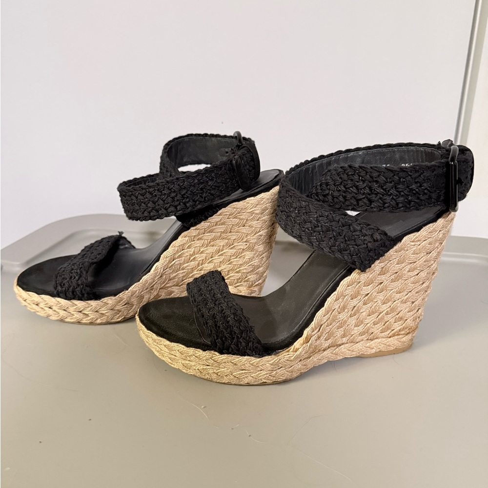 Stuart Weitzman Black Woven Espadrille Wedge Sandals Size 9.5